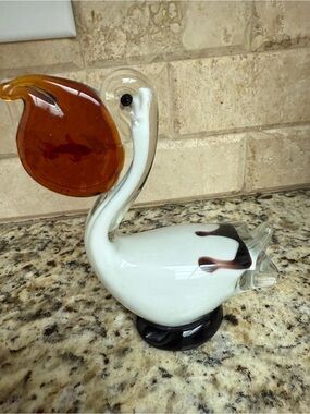 Handmade White and Amber Glass Swan Sculpture - Decorative Home Art